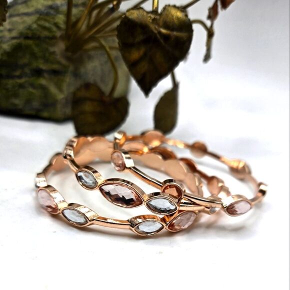 "5/$25" Set Of 3 Rose Goldtone Rhinestone Bangle Bracelets Sz 7.5 - Picture 1 of 6
